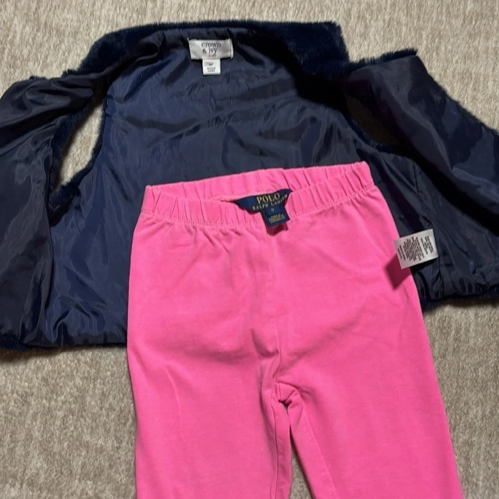 4T/5 Girl outfit Crown & Ivy faux fur vest navy pink Polo Ralph Lauren leggings